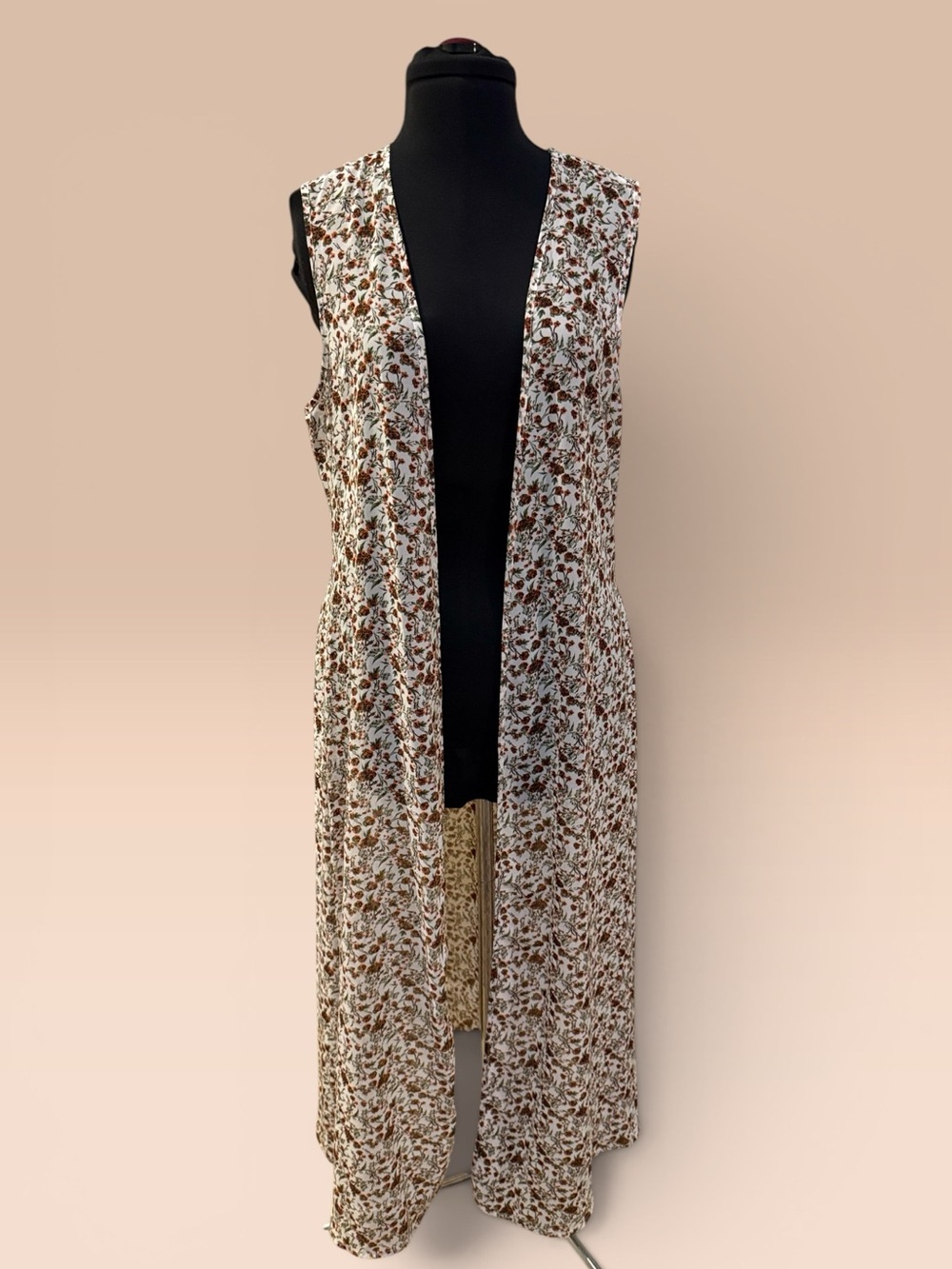 Sleeveless Floral Long Duster Vest - White & Brown